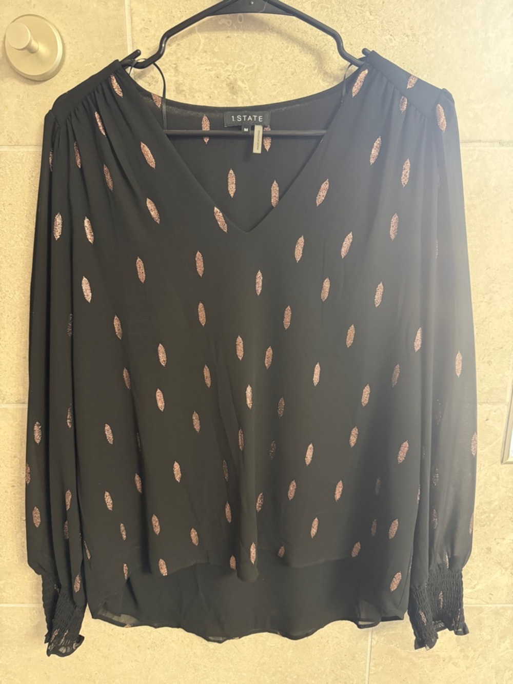 1. State Black V-Neck Long Sleeve Blouse with Rose-Metallic Motif
